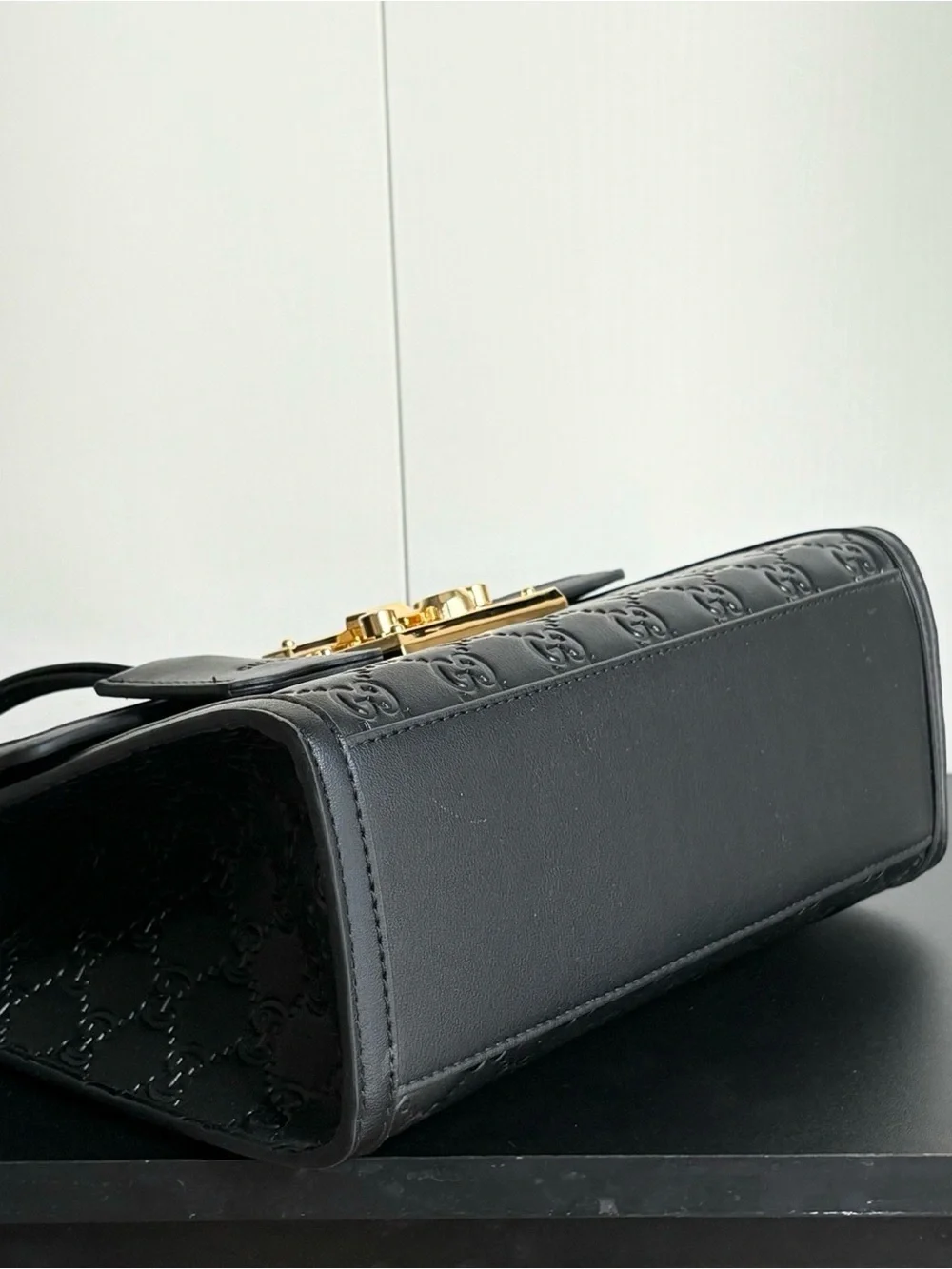 Gucci Black Embossed Leather Top Handle Satchel with Gold Hardware